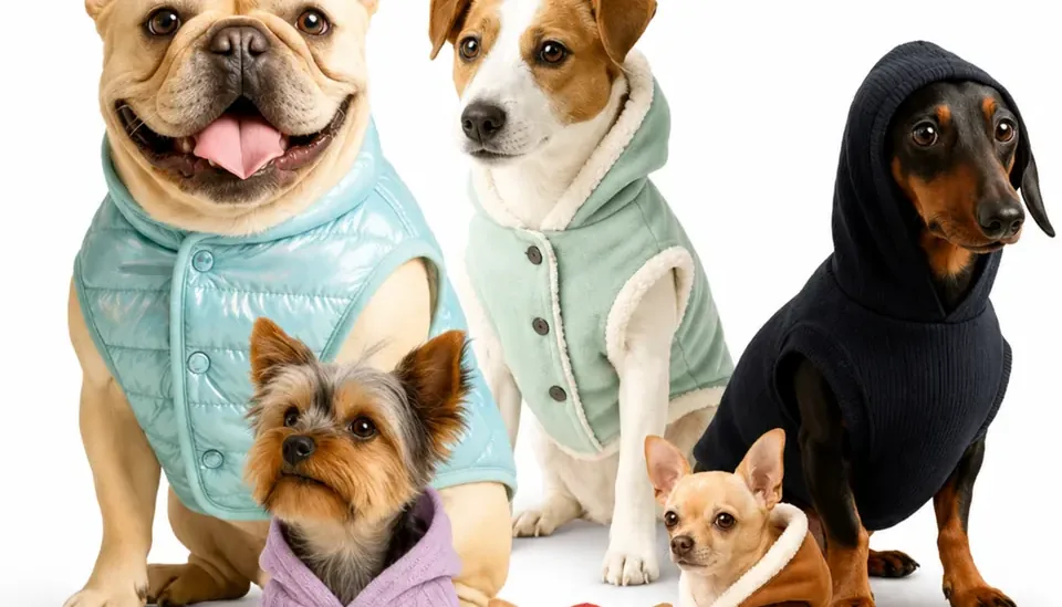 Seis perros de distintas razas con abrigos, camperas y buzos cosidos con los patrones