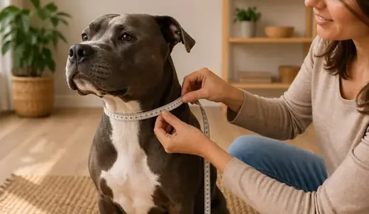Mujer midiendo el cuello de su perro con un centímetro