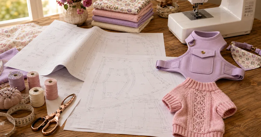 Los moldes impresos sobre la mesa de costura, junto a la máquina, el arnés y el sweater terminados